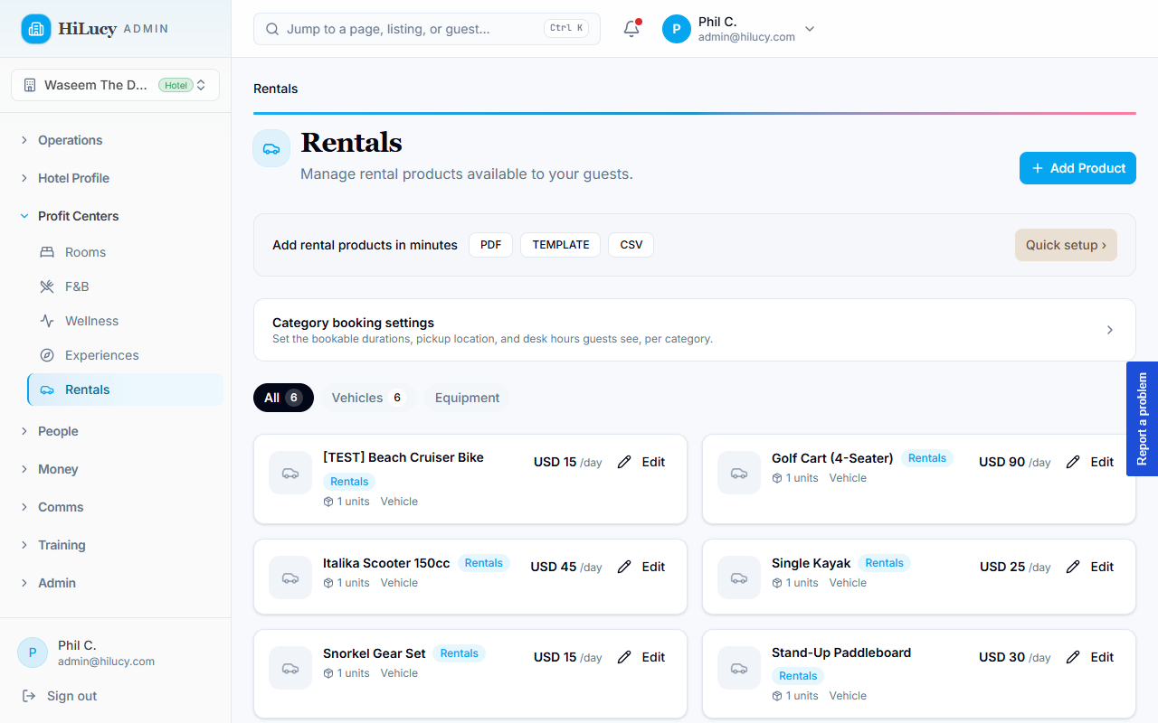 The Rental Manager Rentals tab with KPI cards, calendar, and the rental list